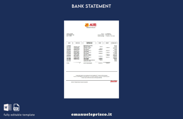 modello word di estratto conto Filippine Asia United Bank (AUB) in stile verific